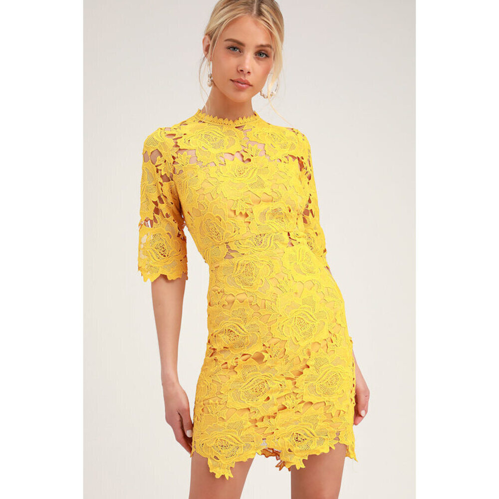 Lulus A Fine Romance Golden Yellow Lace Sheath Dress - Size M
